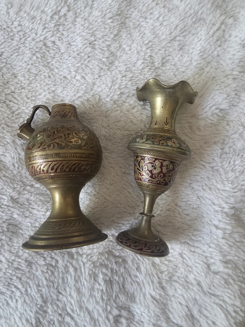 Vintage Brass Etched Bud Vase And Pitcher Set Engraved Floral Design